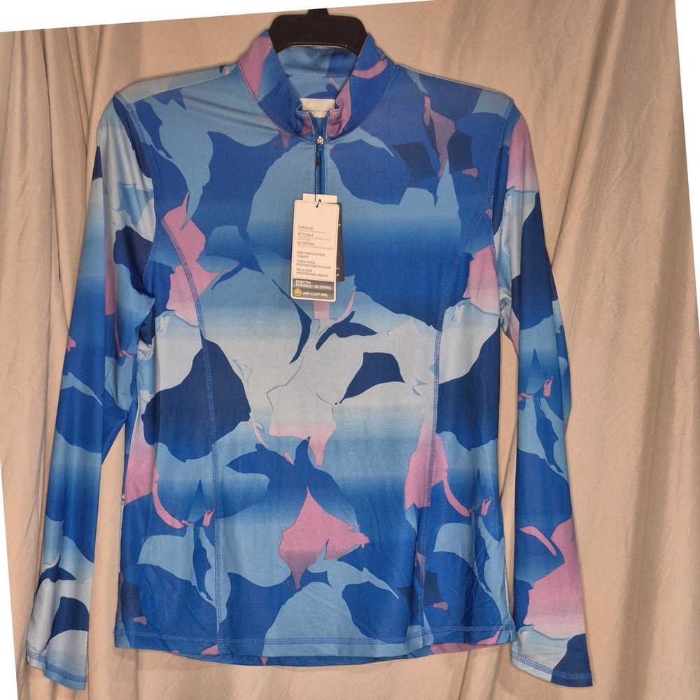 Callaway Womens Opti-Dri Quarter Zip Golf Sun Top Blue Sea Star Floral Large NWT